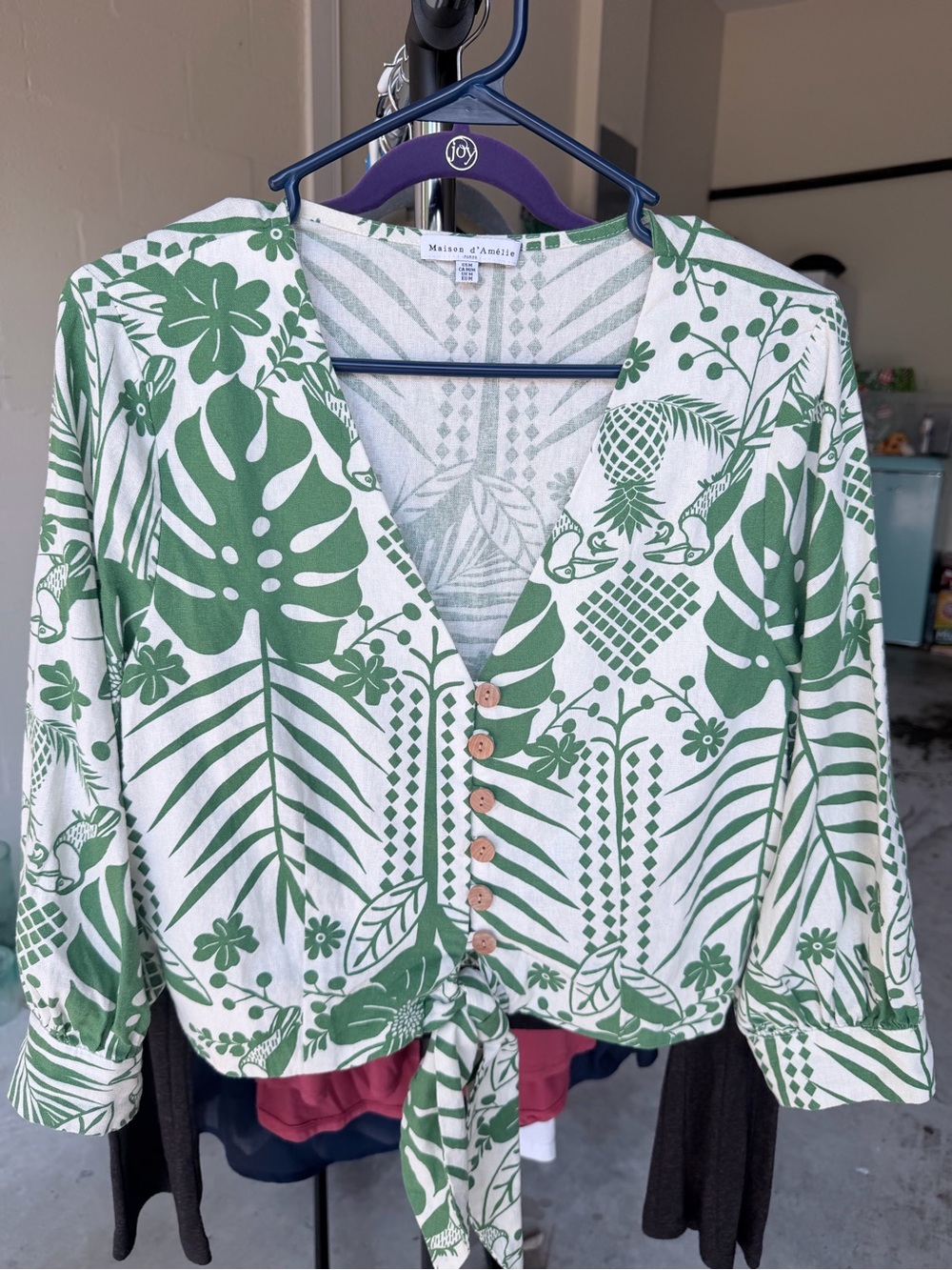 Maison d'Amélie Green Toucan & Botanical Tie-Front Crop Linen Top